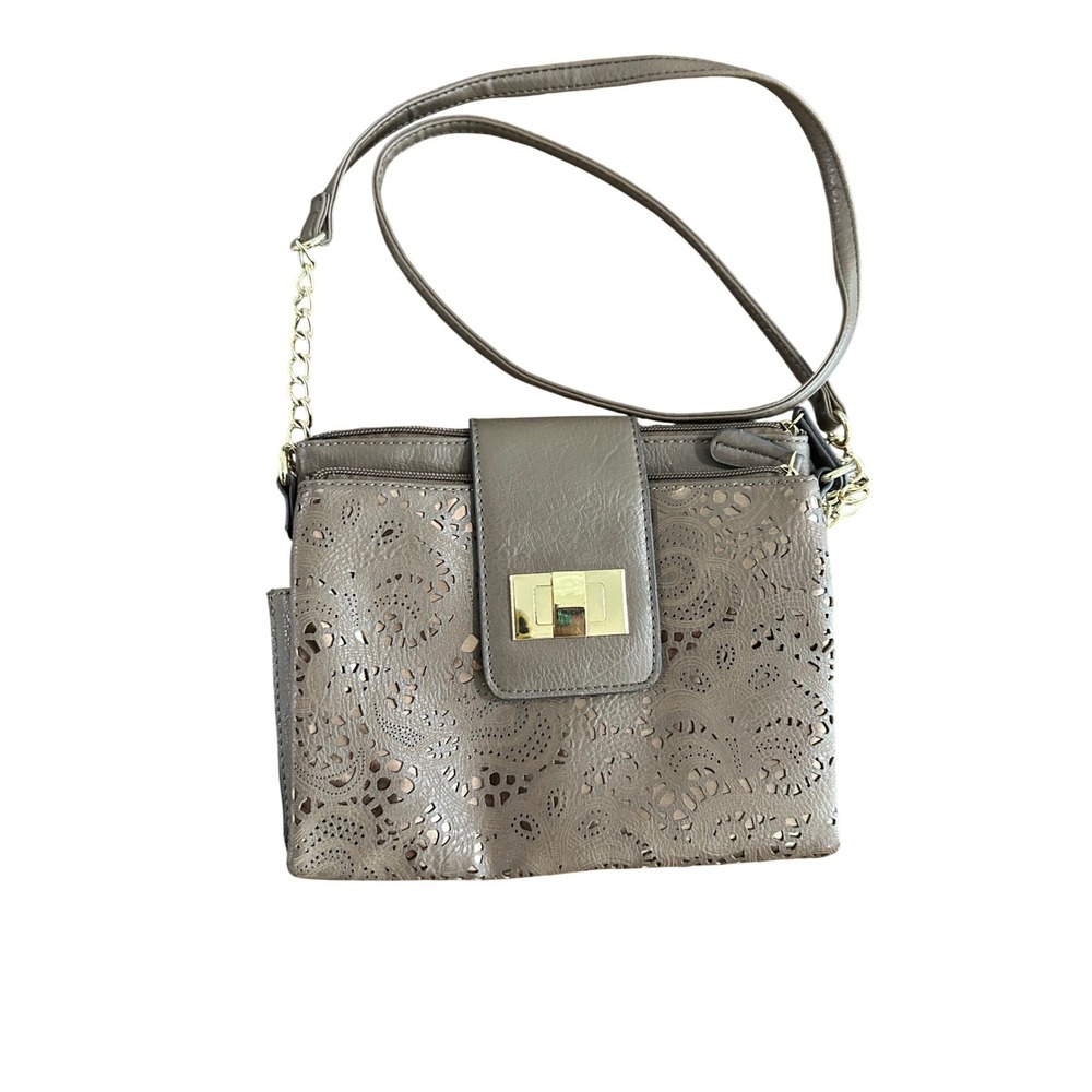 Taupe Floral Laser Cut Crossbody Purse Gold Chain Strap Turn Lock